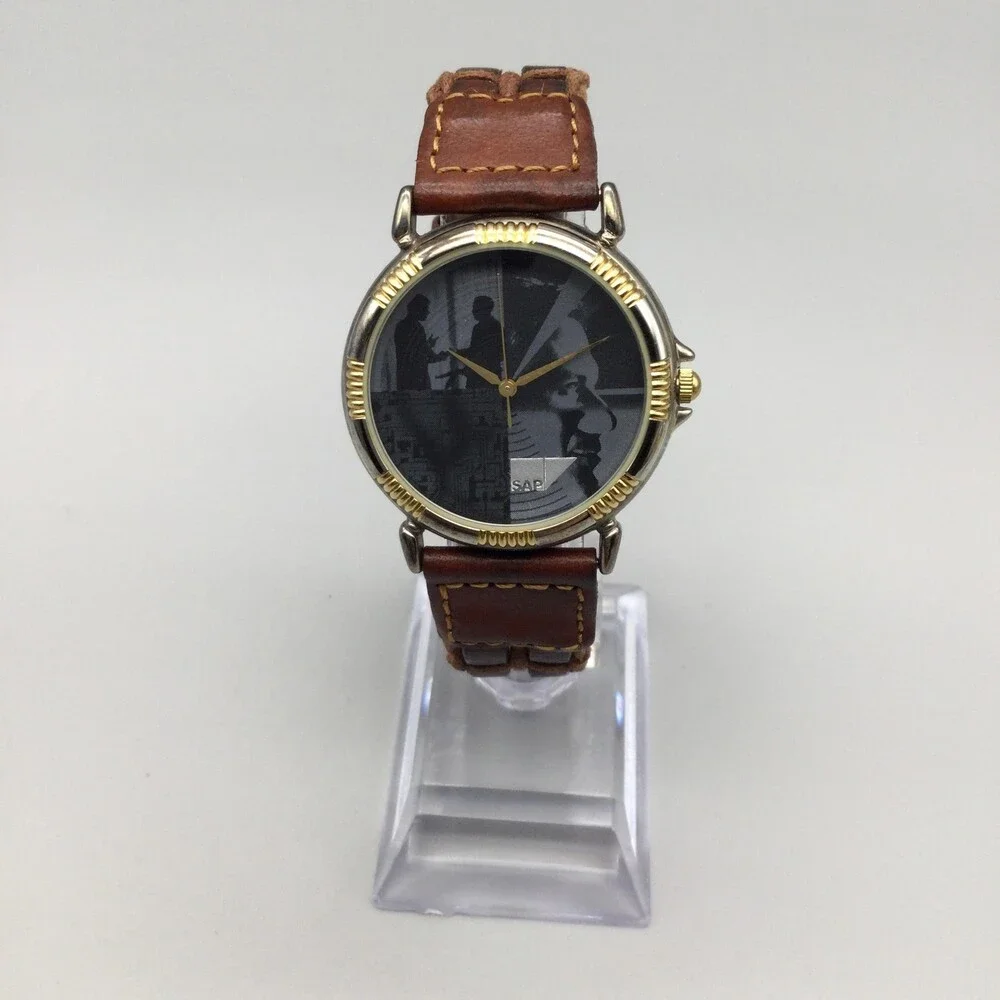 SAP Mens Watch 33mm Black SAP Logo Dial Brown Leather Strap Two Tone New Battery